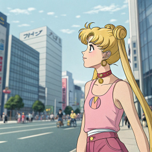 Sailor Moon in a casual setting, wearing a pink tank top and relaxed pose. Urban street background.