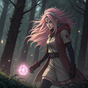 Sakura Haruno, with a fierce expression, standing alone in a dense forest. Her wavy pink hair flows in the wind. Bruises on her face, wearing brown gloves. A glowing chakra orb in her hand