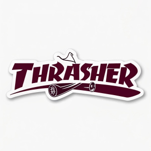 A bold, flat design sticker featuring the Thrasher Magazine logo. Modern, edgy font. Main text reads 'Thrasher'. Dark text contrasts with light background. Visually striking and recognizable. Designed for stickers.