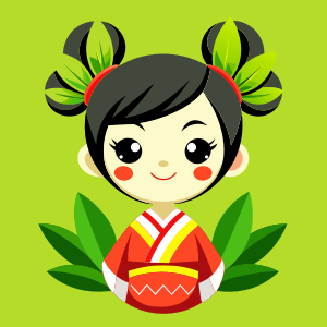 lovely and happy kokeshi doll with two messy pigtails that look like yucca plant's leaves