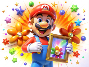 crea un hermoso Mario Bros realista colorido sonriente con decoraciones brillantes agarrando en frente de su pecho un marco largo grande para fotos con sus manos, con fondo blanco y decorado con estrellas luminosas, y hermosas flores 3d coloridas con fondo totalmente blanco adornado con luces explosivas coloridas realistas luminosas y 3 flores blancas 3d realistas al rededor con destellos de luces coloridas