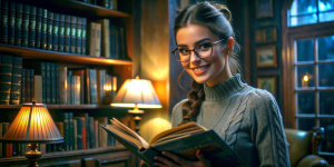 25-летняя русская брюнетка-библиотекарша с высоким хвостом и овальными очками. милая улыбка, открытая книга в руках. Уютная библиотечная ниша с теплым светом и антикварной лампой. Стены в книгах. Сверхвысокое разрешение текстур, легкий сел-шейдинг.Фотореалистичный рендер с легкой стилизацией. Ракурс в три четверти, нежный зрительный контакт. Атмосфера учености и приглашения к чтению.Super Panavision