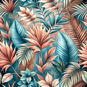 Pattern Seamless, Vector, Vintage Old Soft Colors, Shade Pink, Abstract Hand-Draw, Tropical Plants, Leaves and Flowers. White background