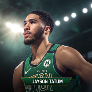Jayson Tatum's portrait for NBA 2K20, showing him in Boston Celtics gear. Dark, moody background with stats highlighted