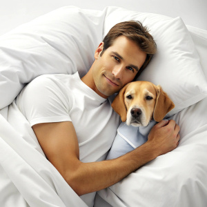 Young man and dog sleeping together in white bed at home