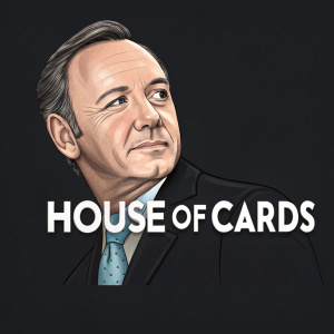 Digital artwork featuring a caricature of Kevin Spacey from House of Cards. Black background with white text: 'House of Cards'