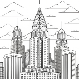 coloring page, nyc chrysler building, lots of details in background, black line art