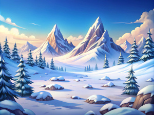 snow mountains illustration, cartoon style winter 