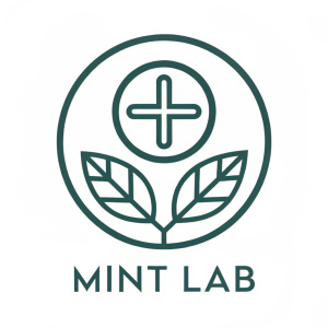 Modern logo design for MintLab. Simple symbol at center. Clean, single color scheme