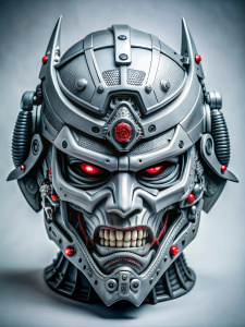 gray red white cyber samurai mask, hard plastic,  white background, black eyes, less details, side view