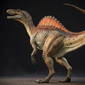 High-definition 3D rendering of Spinosaurus tail and hind legs. Detailed muscle structure and realistic skin texture. Dark background.