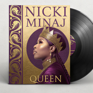 Nicki Minaj's album cover 'Queen'. Gold and purple hues dominate the design. Portrait of Nicki in center,霸气十足的皇后形象，黄金和紫色的色调为主，中间是Nicki的肖像。