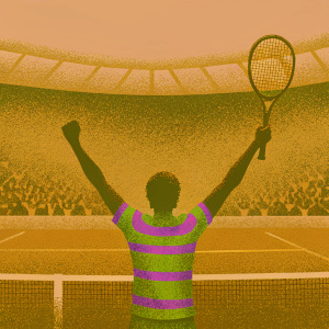 Juan Martin Del Potro, standing victorious on the tennis court, wearing a neon green and purple striped shirt, celebrating with arms raised. The stadium is bustling with excited fans.