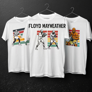 Digital illustration of a lineup of white t-shirts featuring stylized boxing match graphics and bold text detailing Floyd Mayweather's career milestones. Black backdrop, showcasing various events and dates