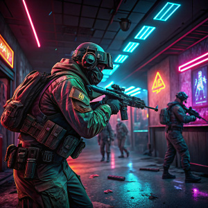 Screenshot from Call of Duty: Black Ops Cold War. Dark indoor setting with neon lights. Game characters in combat