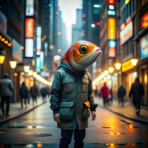 Un pez koi humanoide en traje de chaqueta dando un paseo por el centro de Tokio por la noche