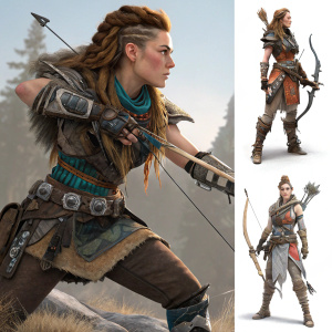 Concept art and cosplay illustrations of Aloy from Horizon Zero Dawn, showcasing her intricate weapons and armor.