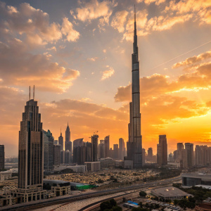 Sunset view of downtown Dubai skyline. Burj Khalifa, tallest building in the world, against the sky. Golden hour lighting.