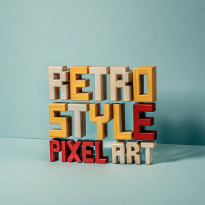 Retro-style pixel art logo in bold colors against a black backdrop. Text in Spanish formed from tiny square blocks, reminiscent of old-school video games.