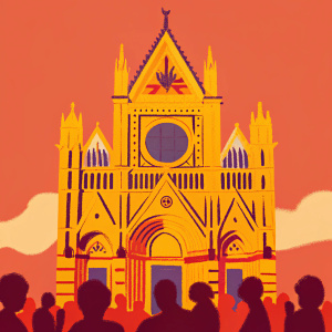 The facade of the Siena Cathedral featuring intricate sculptures and vibrant mosaics. Tourists admiring the architecture.