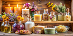 Standing on a wooden shelf, oil soap, glycerin souvenir soap, soap bouquet, composition of soap foam, flowers and dried flowers, candles, vials