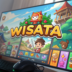 A video game screen featuring the title 'Wisata' in bold, playful font. Colorful and engaging graphics, entirely in Indonesian language.