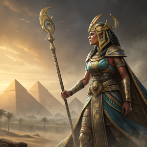 Khalida, an Egyptian-inspired warrior character from Total War: Warhammer II. Digital artwork showcasing intricate design details