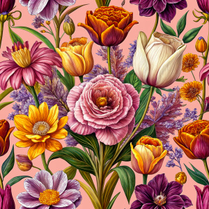 Flowers seamless pattern in the style of Dutch still lifes of the 17th century