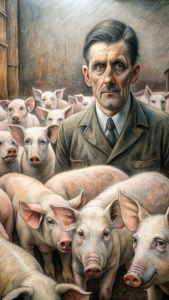 Illustration for Orwell's book Animal Farm.
They looked from pig to man, from man to pig and again from pig to man, but it was impossible to guess which of them was which. And then the animals finally realized what had happened to the pig mugs. They looked from pig to man, from man to pig and again from pig to man, but it was impossible to guess which of them was which. . Pencil drawing, super reality