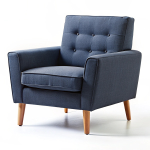 Realistic commercial photo of modern stylish smooth navy armchair on super white background, no shadow, slightly turned to the right side,  20% margin on top, indent 25% from the bottom 