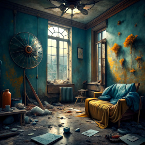 A dilapidated room with no windows, where abandoned homeless people live. 2 beds on the floor, a blanket with flowers on one of them. Everywhere is messy and dirty. The dark blue wall plaster is spilled, the brown wallpaper is peeling off on the wall on the right. A large old fan hangs from the ceiling. An old tattered orange armchair in the middle of the room. An old green suitcase and shoes next to the window. and a broken floor lamp. Water is dripping from the ceiling and a bucket has been pl