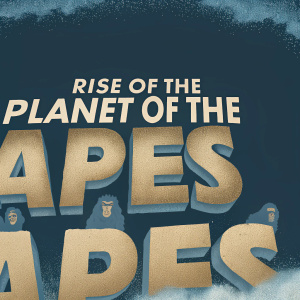 Movie poster for 'Rise of the Planet of the Apes'. Dark background with large, stylized font. Central imagery of apes, dramatic and eye-catching title design.