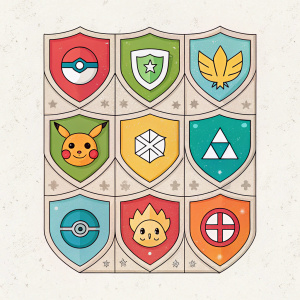 Digital artwork featuring an array of Digimon Crests displayed in a neat grid pattern. Each crest is uniquely designed with vibrant colors and simple symbols. The illustration employs a cartoon style with a flat design aesthetic against a minimalist, neutral backdrop.