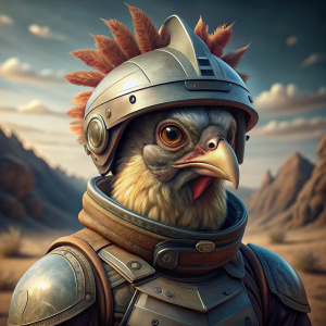 chicken in tactican armor and crash helmet