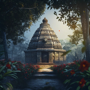 The grand Kailash Nath Temple, surrounded by lush greenery and vibrant flowers. Intricate stone carvings