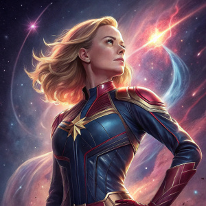 Digital art of Captain Marvel, confident pose, glowing expression, proud stance. Blonde hair, fair skin, tight-fitting bodysuit with dark blue and gold. Cosmic-themed background with swirling galaxies in pink and purple hues.