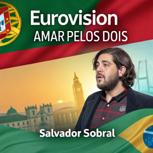 Homepage for Spotify featuring the Eurovision hit 'Amar Pelos Dois' by Salvador Sobral. Vibrant color palette, with Portuguese flag motifs, and highlights of Portugal's Eurovision journey.