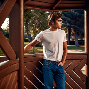 Zac Efron in a casual outfit. Wearing a white t-shirt and jeans. Outside in a park