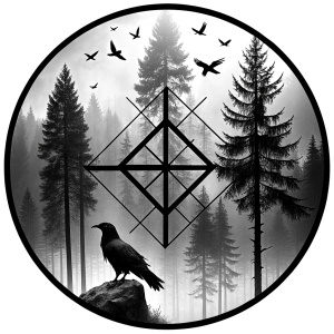 nordic Yggdrasil Symbol -vegvisir runes geometric Symbols - raven and trees - perfect realistic art, high-definition, high-definition grey and black, white background 