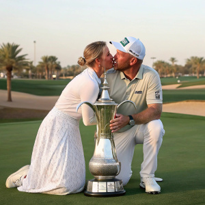 Lee Westwood and Helen Storey, celebrating victory at the Dubai Desert Classic. Golf attire, embracing trophy on luxurious green fairway.