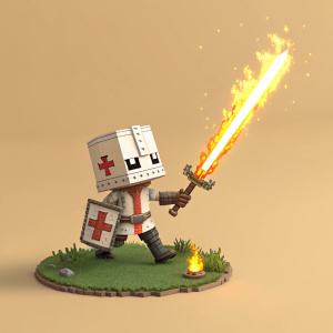 In-game screenshot: A tiny, pixelated warrior from Castle Crashers. Wields a flaming sword. Beige backdrop.