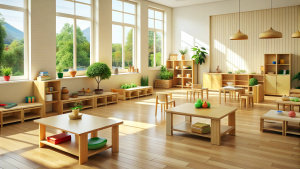  Montessori early education. Kindergarten, preschool classroom interior with wooden furniture, educational material, wooden educational toys