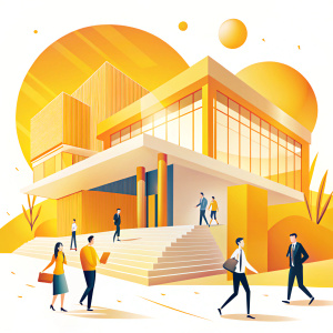 imagen para web de orientación educativa, con siluetas de personajes de estudiantes con ropa informal, entrando a edificio de universidad moderno, semitonos claros, diseño creativo con líneas, moderno, minimalista, sofisticado, sin fondo