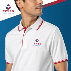 Promotional graphic for Texas Energy Fabrication. White polo shirt with company logo. Solid blue background. Red piping details