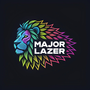 Digital illustration of Major Lazer logo. The logo features a stylized lion's head on the left side, crafted with vibrant colors including electric blue, hot pink, and neon green. The lion's mane is detailed with sharp, angular shapes. On the right, the brand name 'Major Lazer' is presented in bold, white font. The overall design is set against a stark black background, creating a striking and edgy graphic look.