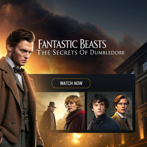 Homepage screenshot of a streaming service featuring Fantastic Beasts: The Secrets of Dumbledore. Actors in period costumes, warm golden tones, dramatic backdrop. Clear watch now button, grid of movie thumbnails with dark tones and warm highlights.