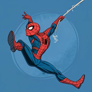 Spider-Man, swinging from a rope, vibrant against a solid blue background. Dynamic pose, comic book style with bold outlines and a limited color palette.