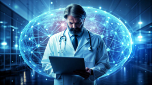  Medical technology, innovation health and medical research, healthcare and medicine concept.  Doctor or technician working with AI data analysis, lab experiment, data science