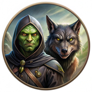 dungeons and dragons, round pog token, classic goblin, black hood, angry scar down right cheek, a black wolf standing beside him, on the top of a hill transparent background. no shadow