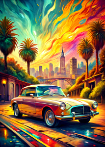   ultra detailed   car mgb in San Francisco ,background, style pop art, , style watecolor, black background,ready for print t-shirt, style art fabric, without horse, full body
